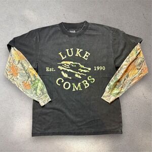 Luke Combs Mens Medium Long Sleeve Camo Layered Graphic T-Shirt Faded Black 1990